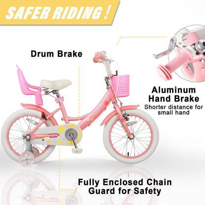 Glerc Maggie 16 inch kids' bike for 4-7 year old girls. Princess style with doll seat, basket, training wheels, and bell. Perfect birthday gift, in pink to white.