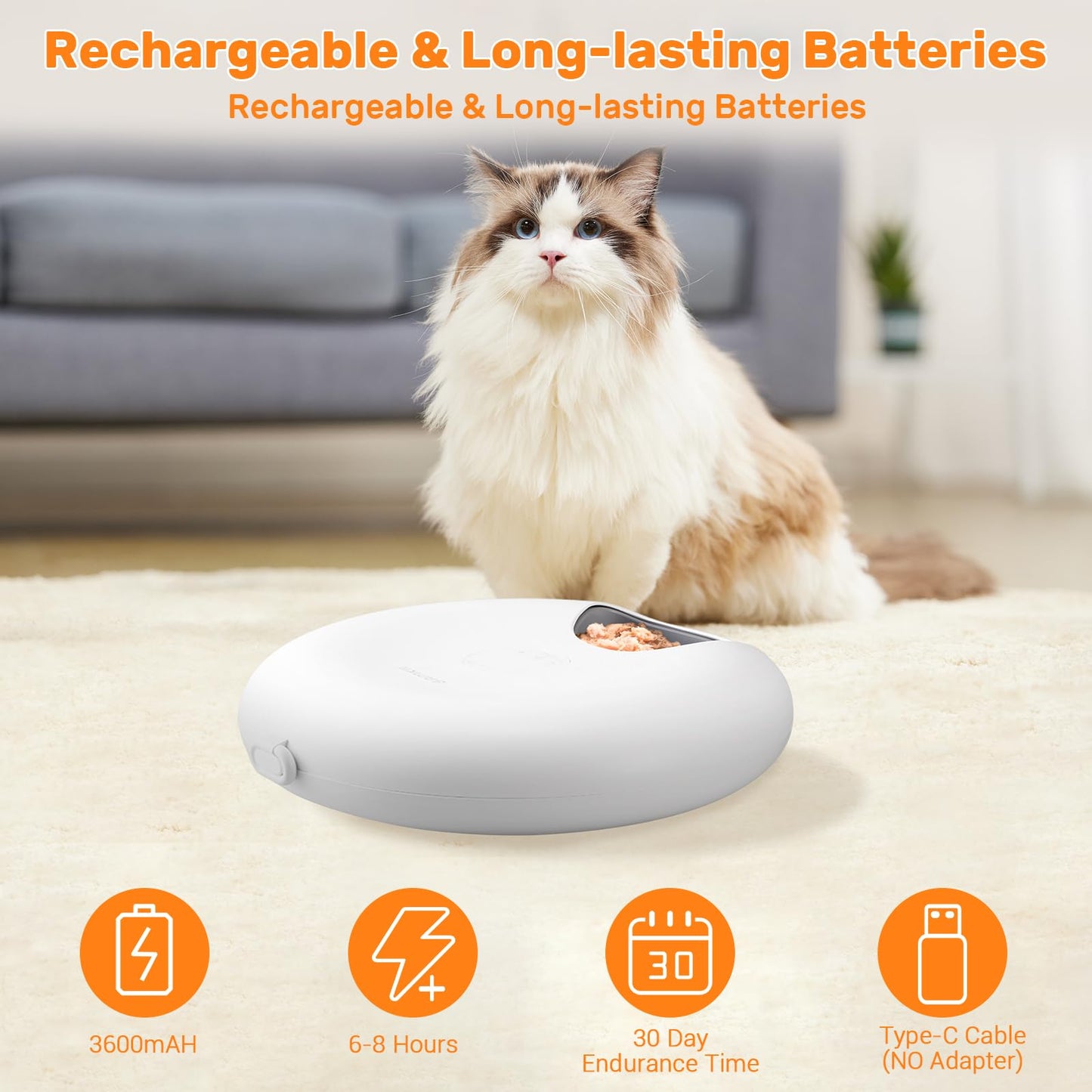Automatic cat feeder for wet food, 6 meals cat feeder with 2 ice packs, programmable timer, rechargeable cordless automatic pet feeder.