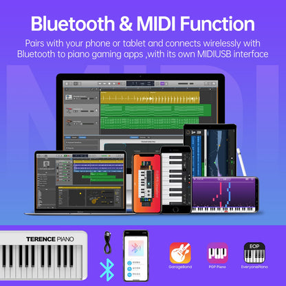 TERENCE 88-key piano Foldable keyboard with 1800mAh battery Support MIDI USB interface Piano app Bluetooth Music stand Stickers Audio cable Headphones Sustain pedal White