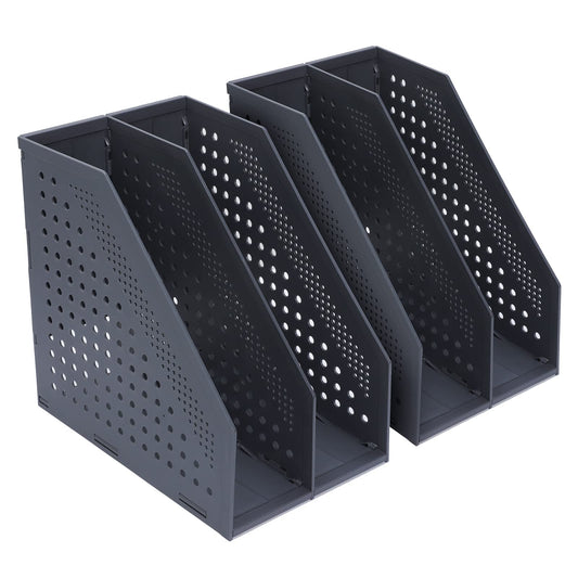 FRETONBA Foldable Standing File Holder, 2 Pieces, for A4, File Magazine Holder with 2 Compartments, Desk Organizer for Office Organization and Storage, School Office Desk Organizer, Dark Grey