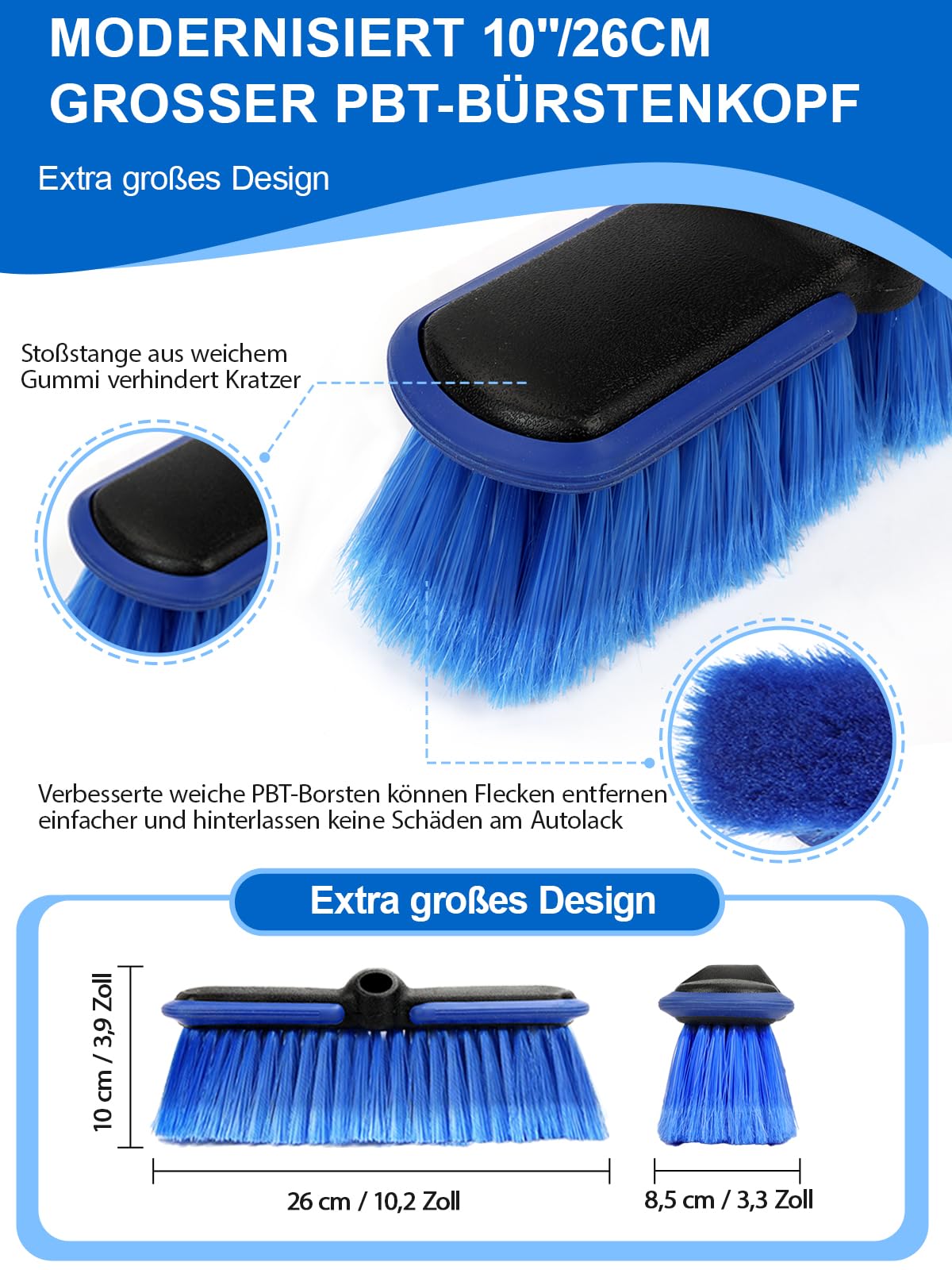 ZimiTeda PBT Car Wash Brush with long handle 10'' Larger brush head with soft bristles rubber bumper for vehicle wheel RV SUV boat truck solar panel deck washing, 60'' 151cm