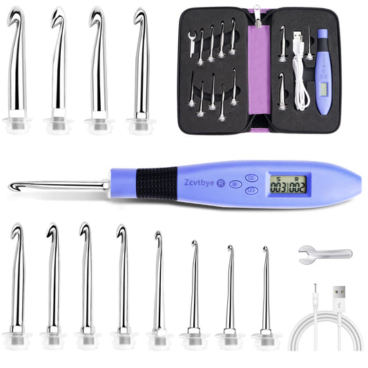 LED Crochet Hook Set, 12-in-1 rechargeable illuminated crochet hook set, with small screwdriver, travel zipper case (interchangeable crochet head sizes 2.0-8 mm)