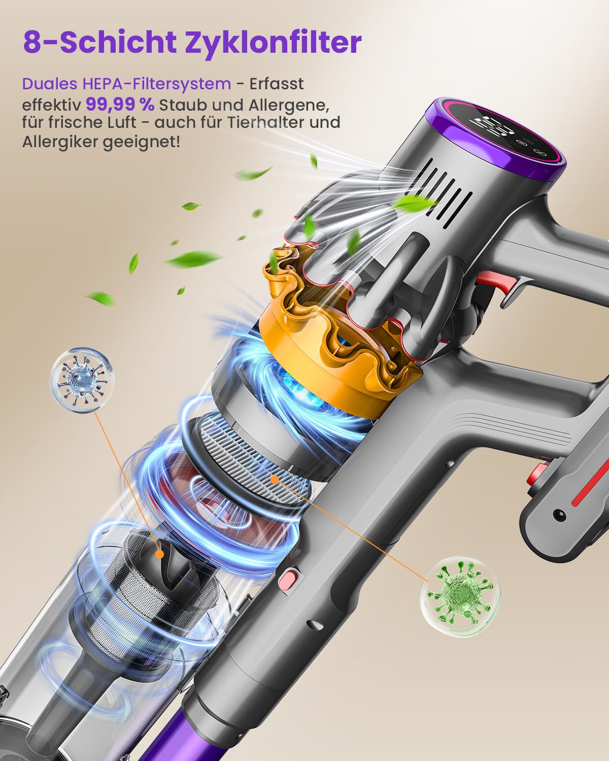 45000Pa battery-powered vacuum cleaner, 550W/70min ultra-quiet cordless vacuum with LED display, improved V-shaped anti-tangle floor brush, 6-in-1 vacuum for pet hair, carpet, hard floors.