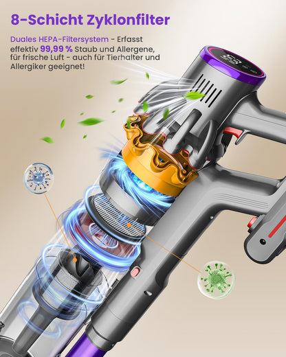 45000Pa battery-powered vacuum cleaner, 550W/70min ultra-quiet cordless vacuum with LED display, improved V-shaped anti-tangle floor brush, 6-in-1 vacuum for pet hair, carpet, hard floors.