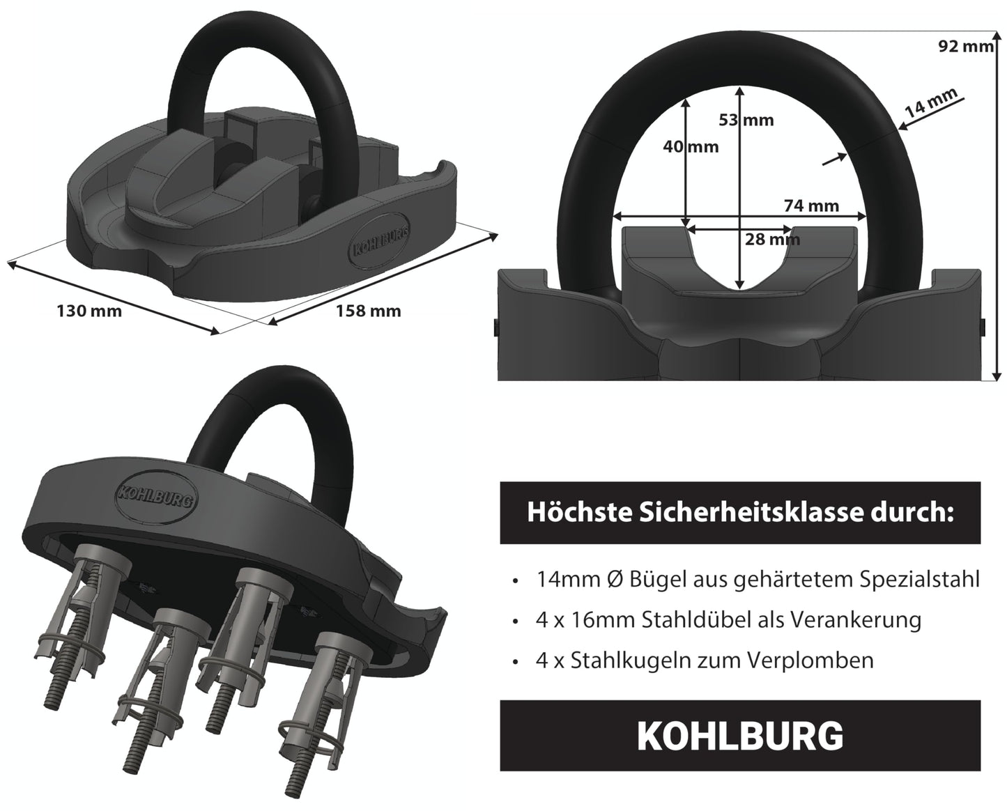 KOHLBURG Security Ground Anchor & Wall Anchor with highest security level 15 - Anchor for motorcycle scooter e-bike & bicycle with 14mm special steel shackle - Bike lock for wall & ground in basement & garage