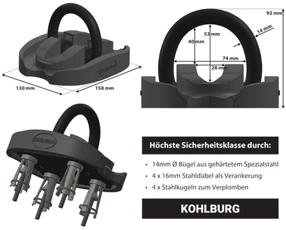 KOHLBURG Security Ground Anchor & Wall Anchor with highest security level 15 - Anchor for motorcycle scooter e-bike & bicycle with 14mm special steel shackle - Bike lock for wall & ground in basement & garage