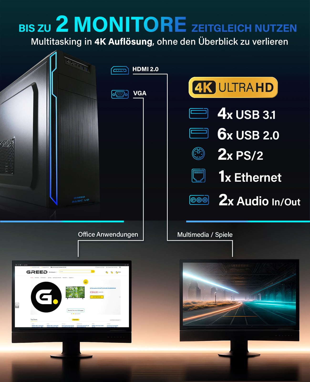 Greed® Ultra V2 PC with Intel Core i7 12700F - Fast desktop computer for office & home with 4.8 GHz, 32GB RAM, 1TB SSD + 1TB HDD, DVD+RW, USB 3.1, WLAN, incl. Win 11 Pro