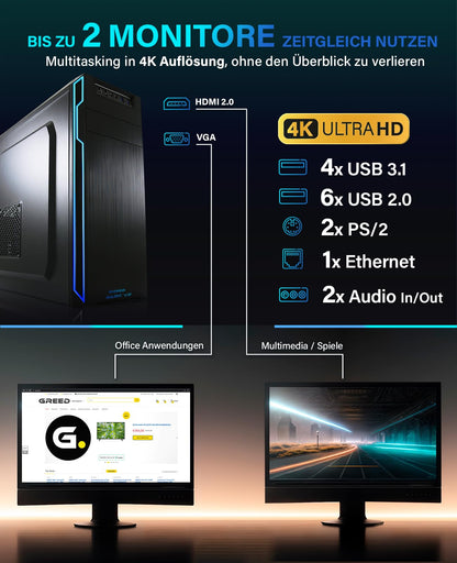 Greed® Ultra V2 PC with Intel Core i7 12700F - Fast desktop computer for office & home with 4.8 GHz, 32GB RAM, 1TB SSD + 1TB HDD, DVD+RW, USB 3.1, WLAN, incl. Win 11 Pro