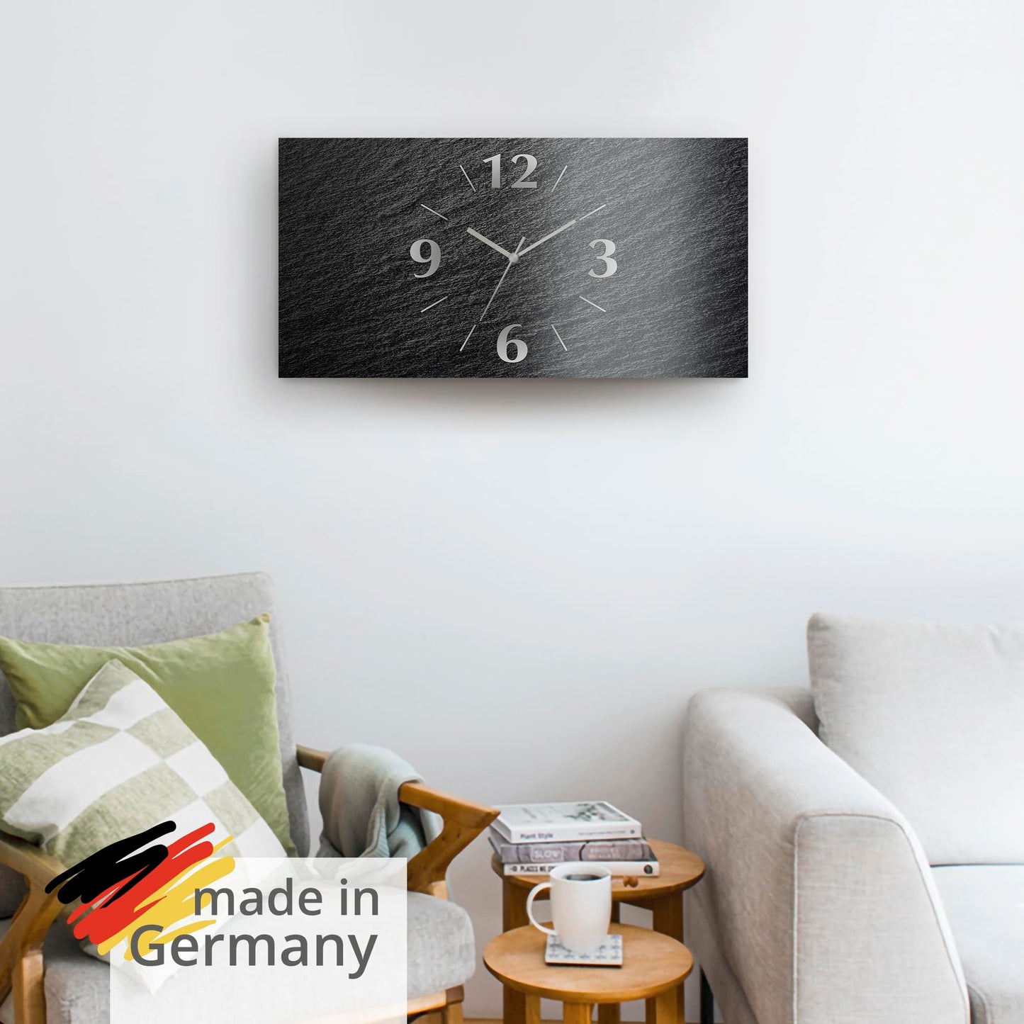 ARTLAND wall decoration wall clock without ticking noises Aluminum radio clock analog radio clock 60x30 cm slate look U1RE
