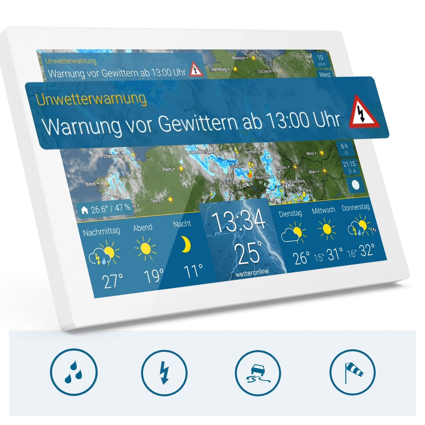 WeatherOnline Home 3, WeatherDisplay with WeatherRadar: new generation of WLAN weather station, indoor sensor to monitor room climate, pollen forecast for allergy sufferers, UV index, severe weather warning.