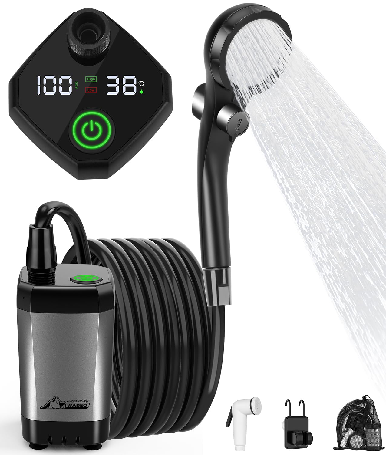 WADEO Portable Camping Shower Battery with Pump, Camping Shower with rechargeable 6000mAh battery, Mobile showers with shower head, for camping travel garden hiking car washing (Silver Gray, Type C)