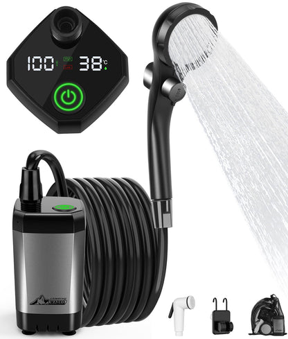 WADEO Portable Camping Shower Battery with Pump, Camping Shower with rechargeable 6000mAh battery, Mobile showers with shower head, for camping travel garden hiking car washing (Silver Gray, Type C)
