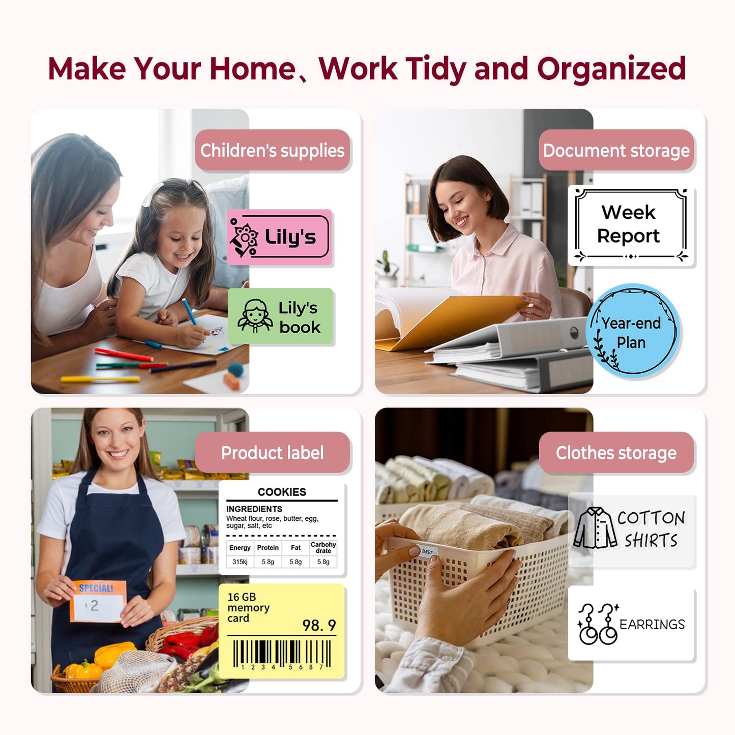 Phomemo M110 Bluetooth label printer, portable label maker with 3 label rolls, barcode printer for retail, office, and small businesses, for phones & PC - Pink.