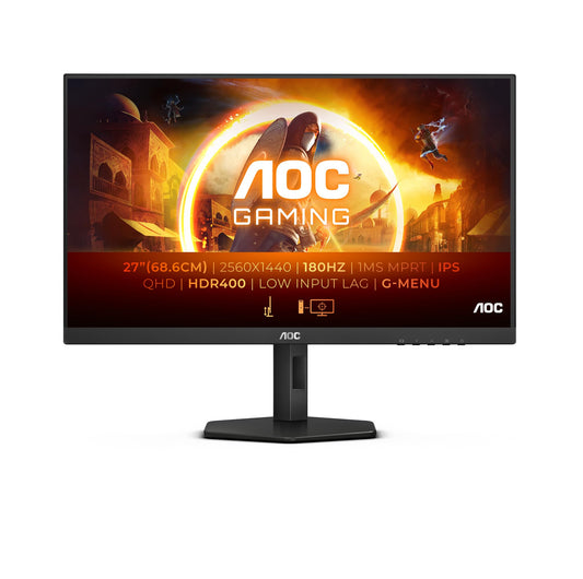 AOC Gaming Q27G4XD - 27-inch Quad HD monitor, 180Hz, 1ms, FreeSync. Premium, G-Sync compatible, HDR400 (2560x1440, 2X HDMI 2.0, 1x DisplayPort 1.4, USB Hub) black