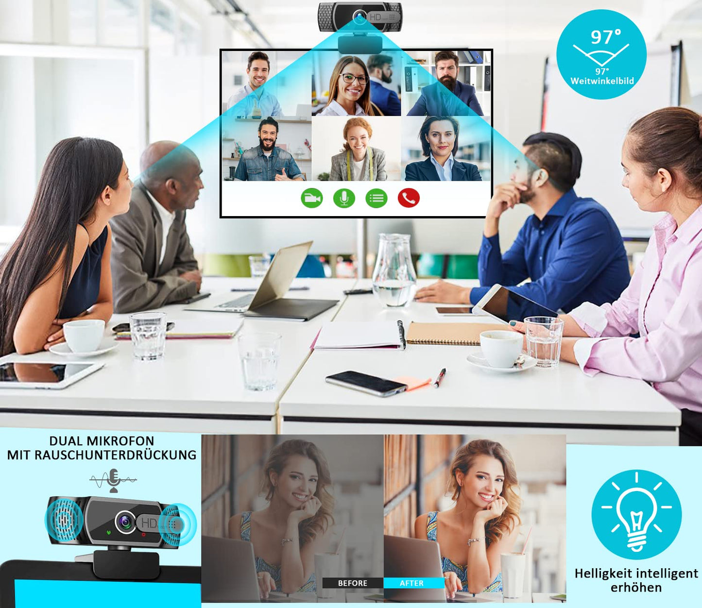 Full HD 1080P webcam with microphone and tripod, automatic light correction, Neefeaer USB PC webcam with cover, 97° wide angle, PC camera for PC, laptop, computer, Linux, Mac