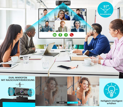 Full HD 1080P webcam with microphone and tripod, automatic light correction, Neefeaer USB PC webcam with cover, 97° wide angle, PC camera for PC, laptop, computer, Linux, Mac