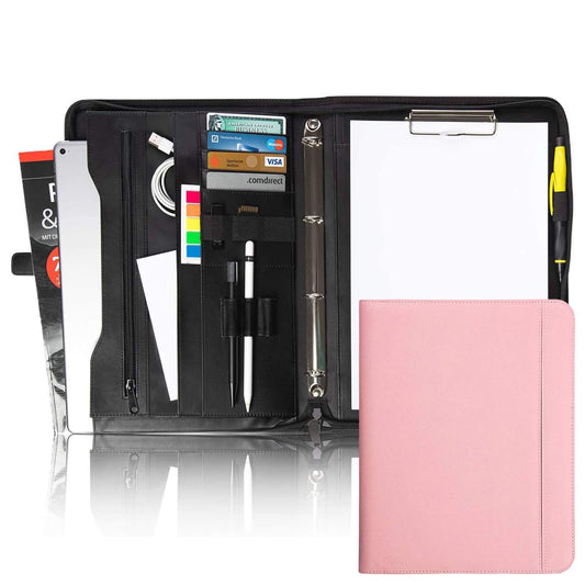 Vebon® A4 Ringbinder Portfolio "Berlin" with zipper and clipboard. Conference folder + laptop case with extra storage. Pink faux leather.