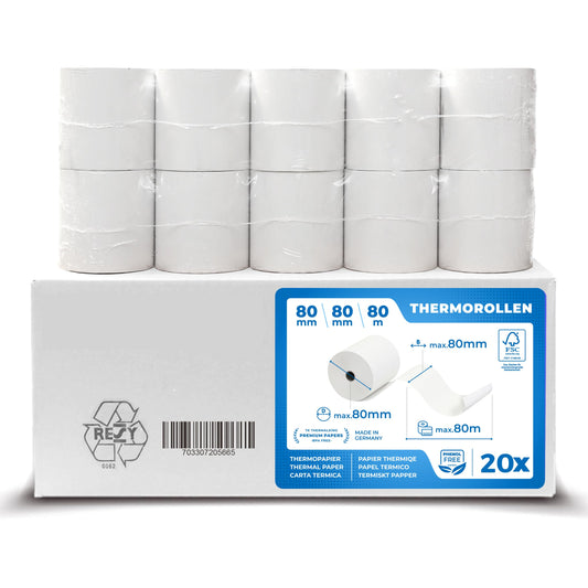 THERMALKING thermal rolls 80mm x 80m x 12mm [for receipt printers like Epson, IBM & co.] - Receipt rolls 80x80x12 thermal - Cash register thermal paper rolls - Suitable for printing systems with paper requirements up to 80m (20 pcs)