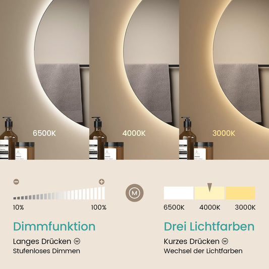 EMKE Round Bathroom Mirror with Lighting 50 cm - Mirror with 3 light colors, dimmable, touch, memory function, energy-saving - Bathroom Mirror & Wall Mirror