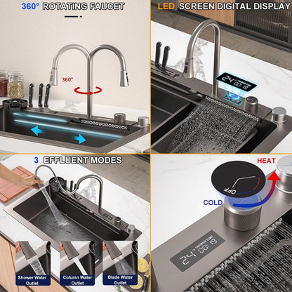 304 stainless steel waterfall sink with digital display, bar sink with tool holder, nano-coated workstation sink with pull-out faucet and cup washing system (size: 75 x 46 x 21 cm).