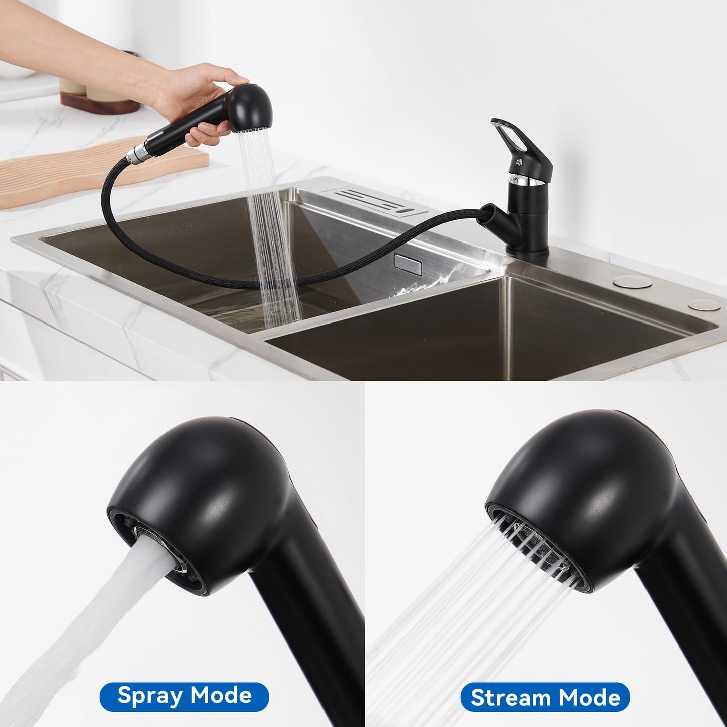 Auralum Kitchen Faucet Pull-Out Black, Sink Faucet with 360° Swivel, Kitchen Faucet with Pull-Out Sprayer Sink Faucet with Spray