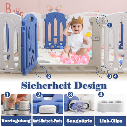 Foldable baby playpen, play yard with door and toy board, 12 panel blue+white baby gate, plastic playpen (12 pieces)