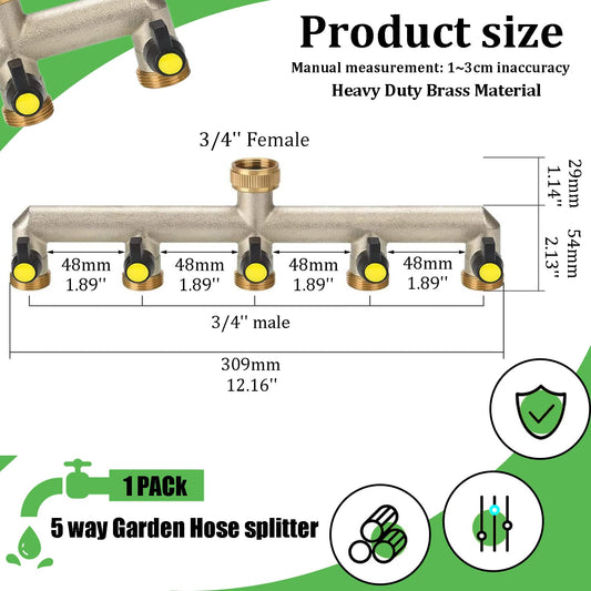 5-way splitter water 3/4 inch brass water connection splitter for 5 devices/garden hoses, hose splitter faucet splitter with ball valve for adjusting and shutting off water flow.