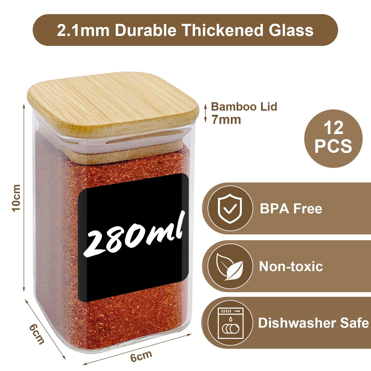 12-piece set of glass storage jars without labels, each with a 280ml capacity and wooden lids. Ideal for storing spices in the kitchen, these stackable containers are perfect for organizing your spice collection.
