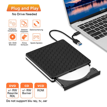 Amicool External DVD Drive, USB 3.0 Type-C CD DVD +/-RW Optical Drive USB C Burner Slim CD/DVD ROM Rewriter Writer Reader Portable for PC Laptop Desktop MacBook Mac Windows 7/8.1/10 Linux OS Apple