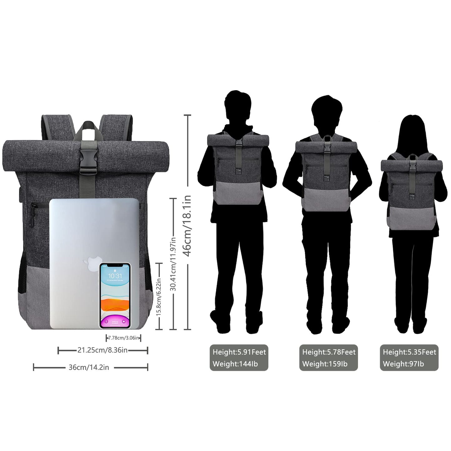 EverVanz Laptop Backpack, Men & Women Roll Top Waterproof Hiking Backpack, Lightweight Casual Backpack, Stylish School Bag with USB Charging Port, L, Gray