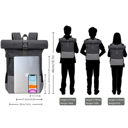 EverVanz Laptop Backpack, Men & Women Roll Top Waterproof Hiking Backpack, Lightweight Casual Backpack, Stylish School Bag with USB Charging Port, L, Gray