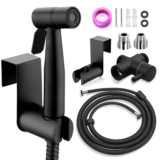 Bidet sprayer set, premium brushed stainless steel bidet sprayer, with G1/2" valve and G3/8" adapter for shower bathroom hygiene toilet paper diaper cleaning (black).