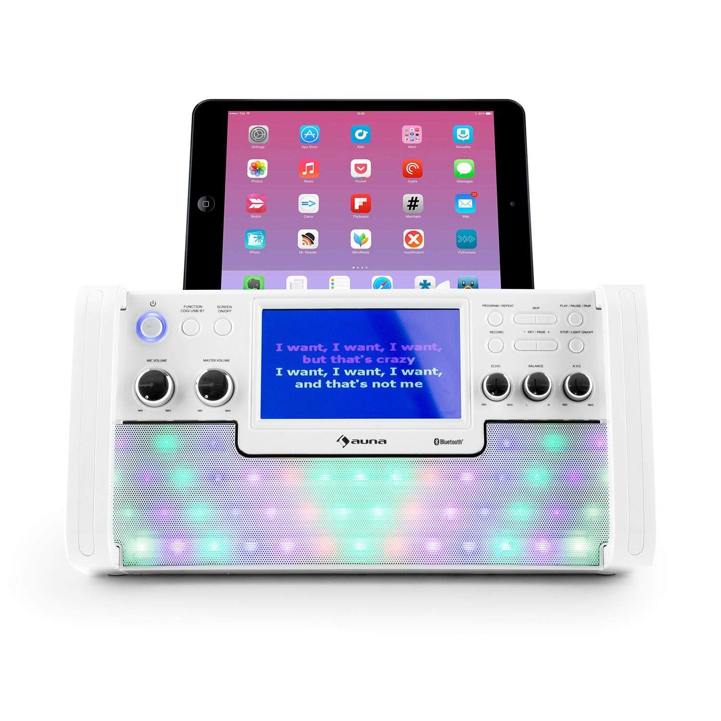 AUNA DiscoFever LED Edition - Karaoke system, machine with Bluetooth, 7" TFT screen, recording function, CD player, USB port, MP3 support, microphone, and karaoke CD, white.