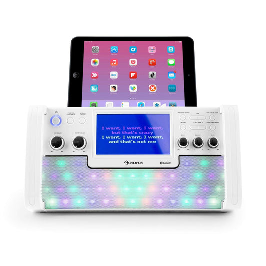 AUNA DiscoFever LED Edition - Karaoke system, machine with Bluetooth, 7" TFT screen, recording function, CD player, USB port, MP3 support, microphone, and karaoke CD, white.