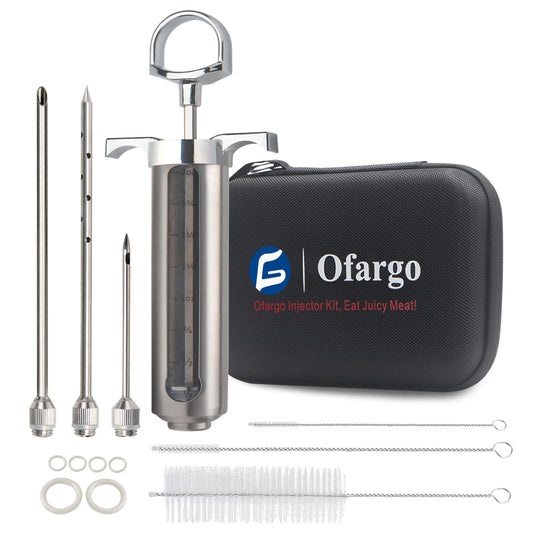 Ofargo 304 stainless steel meat injector, with 3 marinade needles and travel case for grilling, smoking, 2 oz high capacity; instruction manual and eBook recipe.
