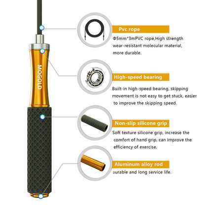 MOGOLD Skipping Rope for Kids Adults Fitness - Ball bearing skipping Rope, Metal handle, core with silicone grip, adjustable, 3m long jump rope, great for Workout, Fitness, Weight Loss