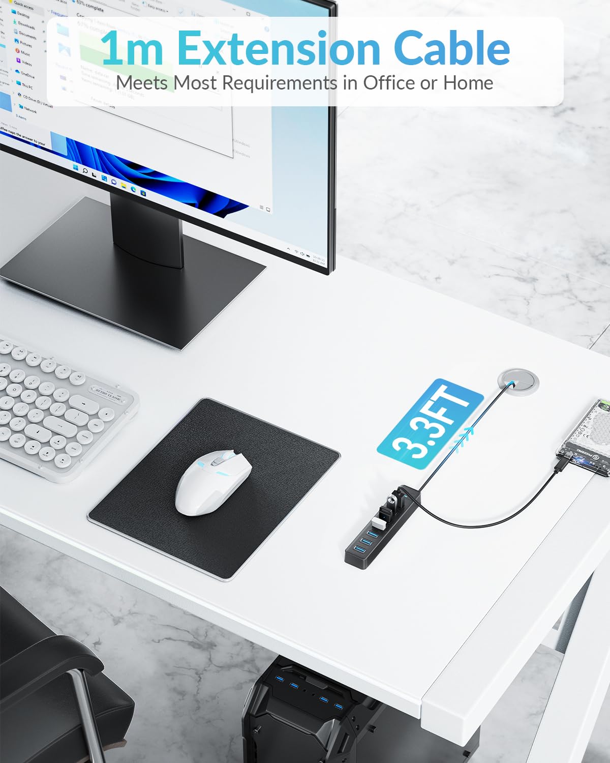 PHIXERO 7 Port USB Hub, 100CM Long Cable USB 3.0 Hub USB Distributor Adapter, Super Speed 5Gbps Data Hub, Compatible with All USB Port Devices