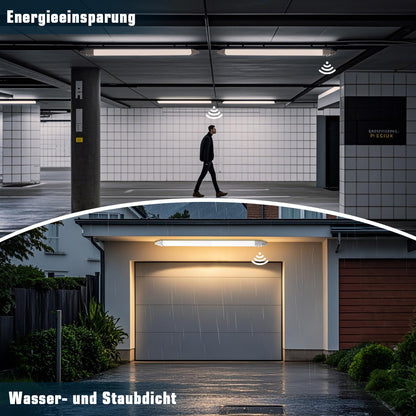 Surface-mounted LED moisture-proof luminaire 60cm with motion sensor, 18W 1800LM 4000K LED ceiling light sensor tube, linkable LED batten luminaire workshop lamp waterproof IP65 for garage balcony basement hallway staircase.