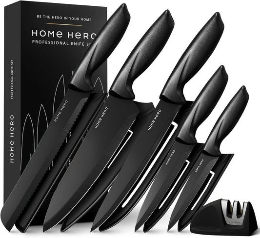 Home Hero Knife Set with Knife Sharpener - Sharp Kitchen Knife Set - Knife Block Chef Knife Set Stainless Steel Knife Set (11 Pieces with Sheath - Black)