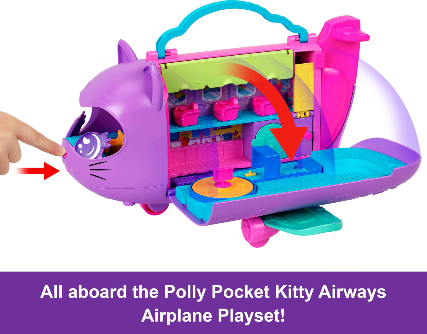 Polly Pocket dolls and playset, Kitty Airways airplane, travel toy with 2 small dolls and animal, rotating stage and accessories, HWP19