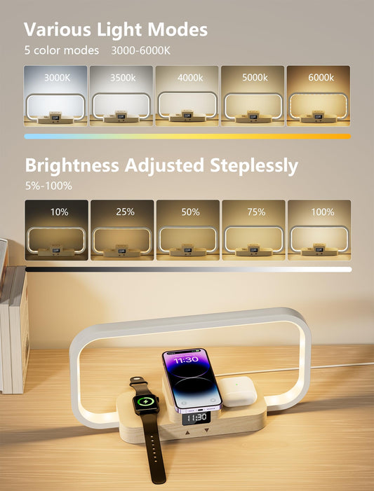 Bedside lamp with charging function, LED table lamp with touch control, stepless dimming and 5 color modes. 3-in-1 inductive charging station with wireless charger for iPhone/AirPods/iWatch (adapter included).