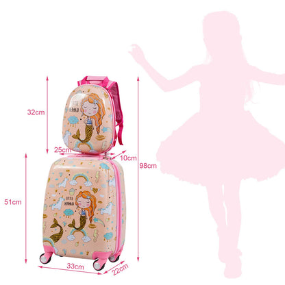 COSTWAY 2pc Kids Luggage Set, Plastic Kids Trolley + Backpack, Children's Suitcase, Kids Travel Luggage, Hard Shell Suitcase for Boys and Girls (Mermaids, 12"+18")