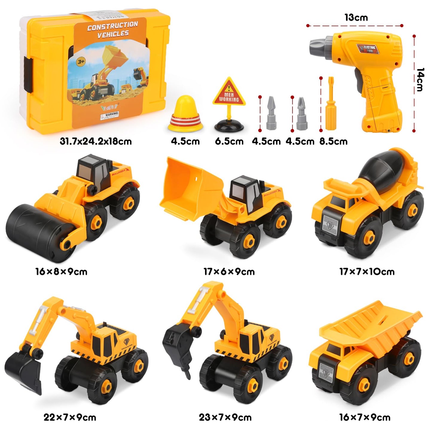 Dreamon Excavator Kids Toy, Construction Vehicles Kids with Electric Drill, Tractor, Sandbox Excavator Boys 3 4 5 6 7 Years
