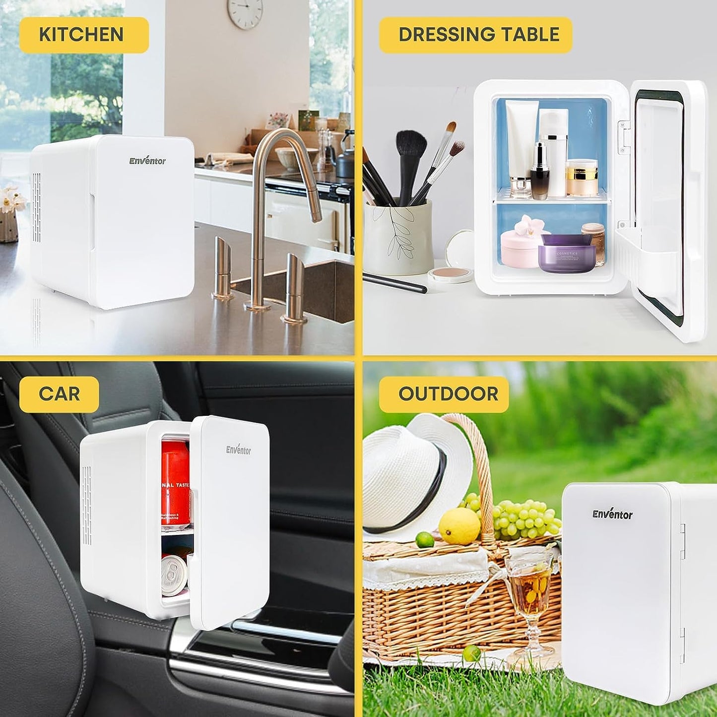 Enventor Mini Fridge 4 Liter, 6 Can Mini Coolers for Bedroom, AC+12V DC Power Cooler and Warmer, Portable Small Fridge for Car, Travel, Cosmetics, Drinks, Fruit, White