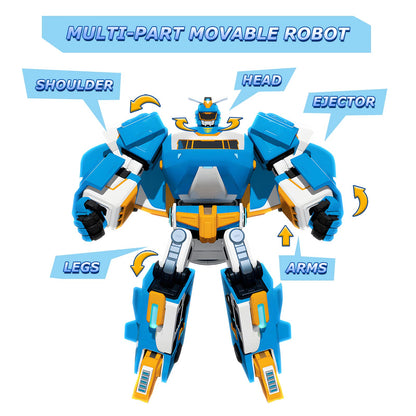 Super Wings 3-in-1 World Aircraft transforming robot with light and sound effects, featuring a 2'' transformable robot Jett. Transformable toy for girls and boys aged 3 and up, in blue.