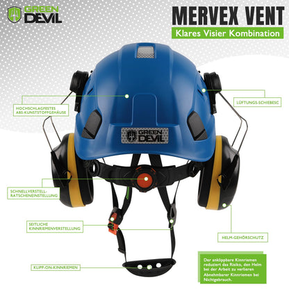 GREEN DEVIL 3-in-1 Forestry Helmet Safety Helmet Construction Helmetcomplying with EN397, High-strength ABS structure helmet, with visor and ear protection ear muffs, stable 6-point attachment