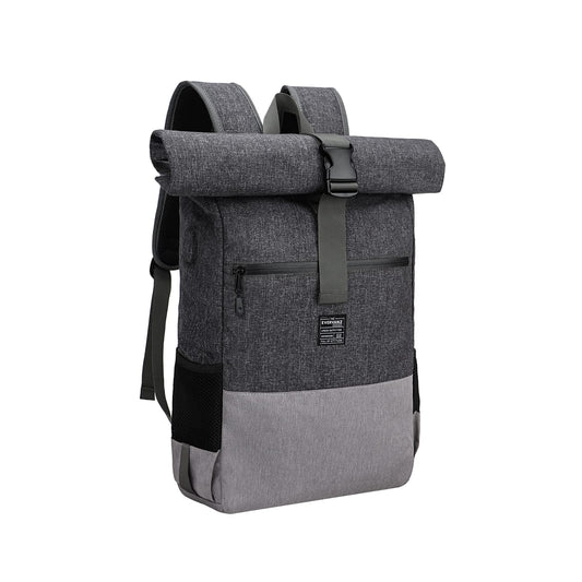 EverVanz Laptop Backpack, Men & Women Roll Top Waterproof Hiking Backpack, Lightweight Casual Backpack, Stylish School Bag with USB Charging Port, L, Gray