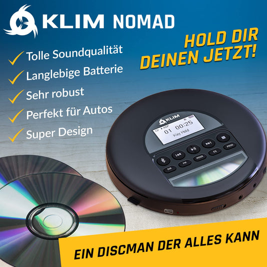 KLIM Nomad CD Player Bluetooth - Portable CD player Discman with long-lasting battery - Includes headphones - CD-R, CD-RW, MP3 - With TF reader, FM radio - Great for cars - Portable CD player Diskman