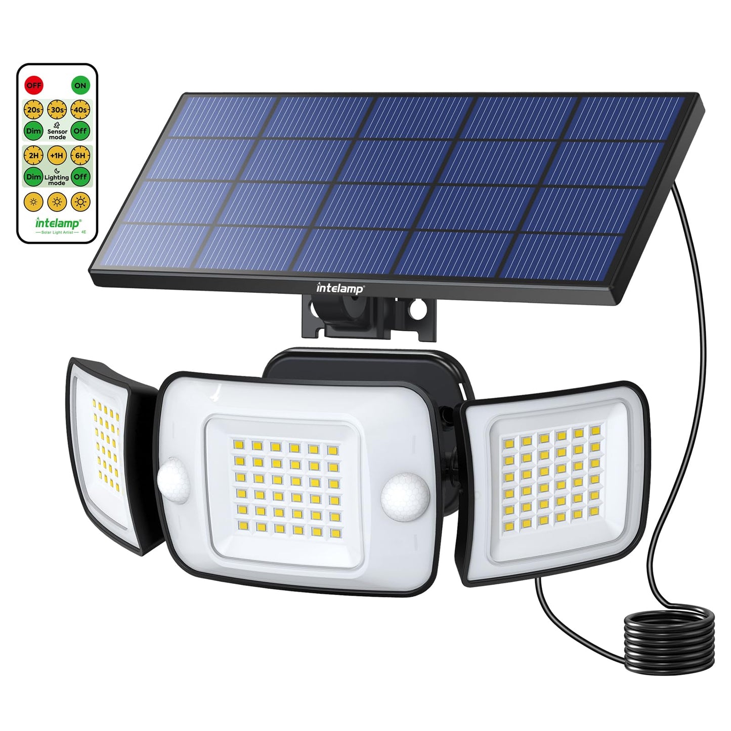 INTELAMP Solar spotlight with motion sensor and remote control, 6000mAh lithium iron phosphate battery 1200LM high brightness solar light, 4 modes 270° wide angle solar lights with 2.7m cable.