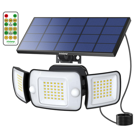 INTELAMP Solar spotlight with motion sensor and remote control, 6000mAh lithium iron phosphate battery 1200LM high brightness solar light, 4 modes 270° wide angle solar lights with 2.7m cable.